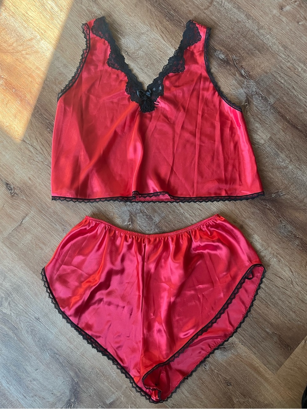 Vintage Inner Most Red Satin Black Lace Lingerie Set Camisole Tap Shorts